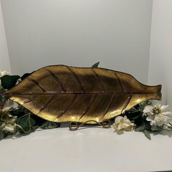 Vintage Glass Leaf Decorative Serving Tray 20” Gold-tone & Red Two-tone - Picture 1 of 6
